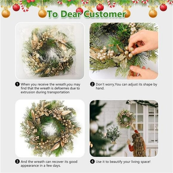 Christmas Pine Wreath ,16 Inch Front Door Wreath with Gold Berry Leaves - Picture 4 of 7